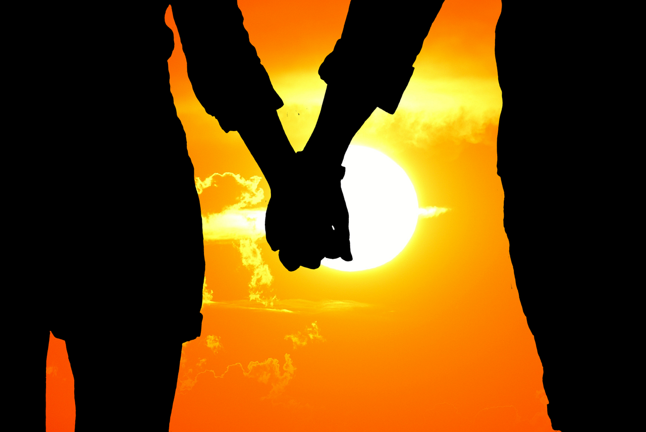 lovers, silhouette, sunset, together, hand in hand, love, in love, togetherness, as a couple, fun, friendship, valentine's day, nature, connectedness