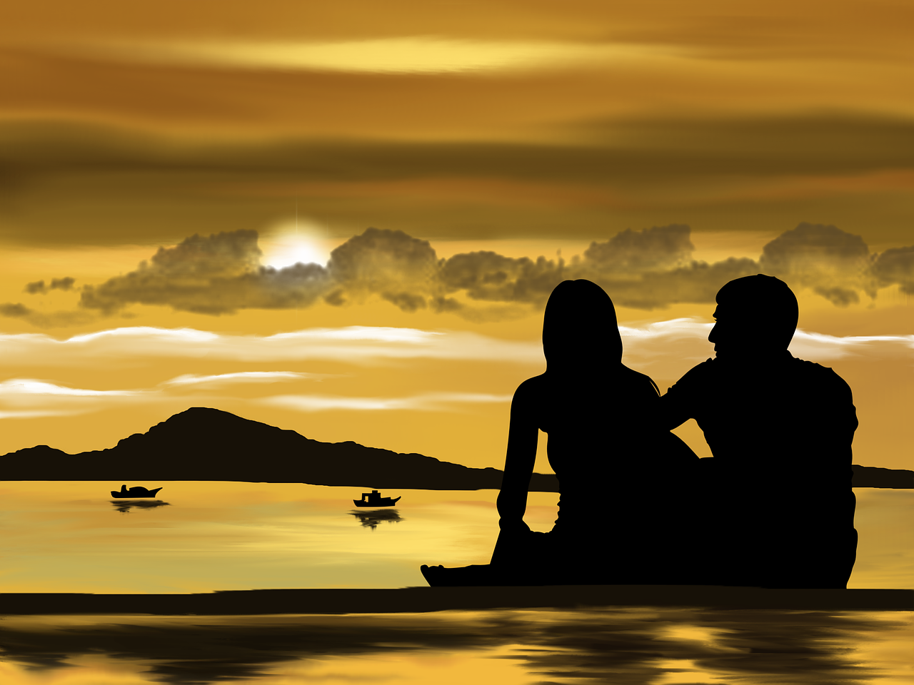 digital art, couple, silhouettes, relationship, together, beach, romantic, people, romance, love, lovers, nature, shore, vacation, holidays, relax, sunset, twilight, digital painting