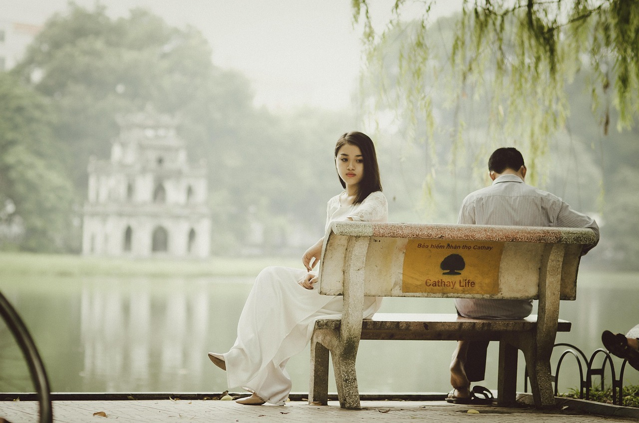 heartsickness, lover's grief, lovesickness, coupe, bench, sitting, argument, quarrel, girl, hanoi, beautiful, female, people, vietnam, sad girl, bright, woman, lifestyle, love, nature, outdoor, romance, romantic, summer, sad, concerned, lovelorn