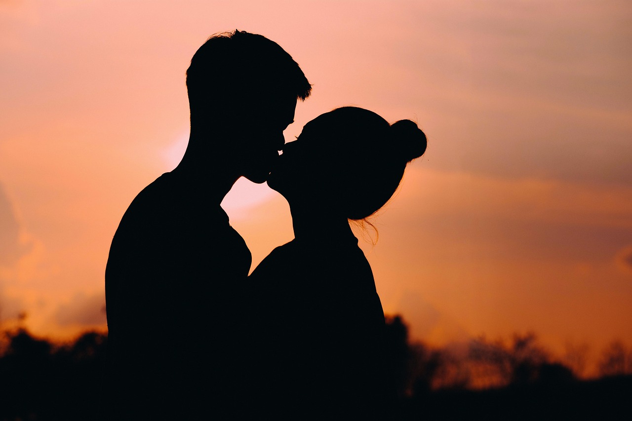 couple, kiss, sunset, nature, silhouette, love, romance, romantic, lovers, relationship, man, woman, together, dusk, dark