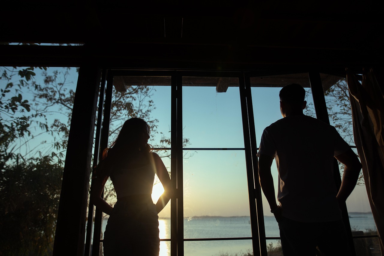 sad, sunset, lake, room, nature, outdoors, couple, romance